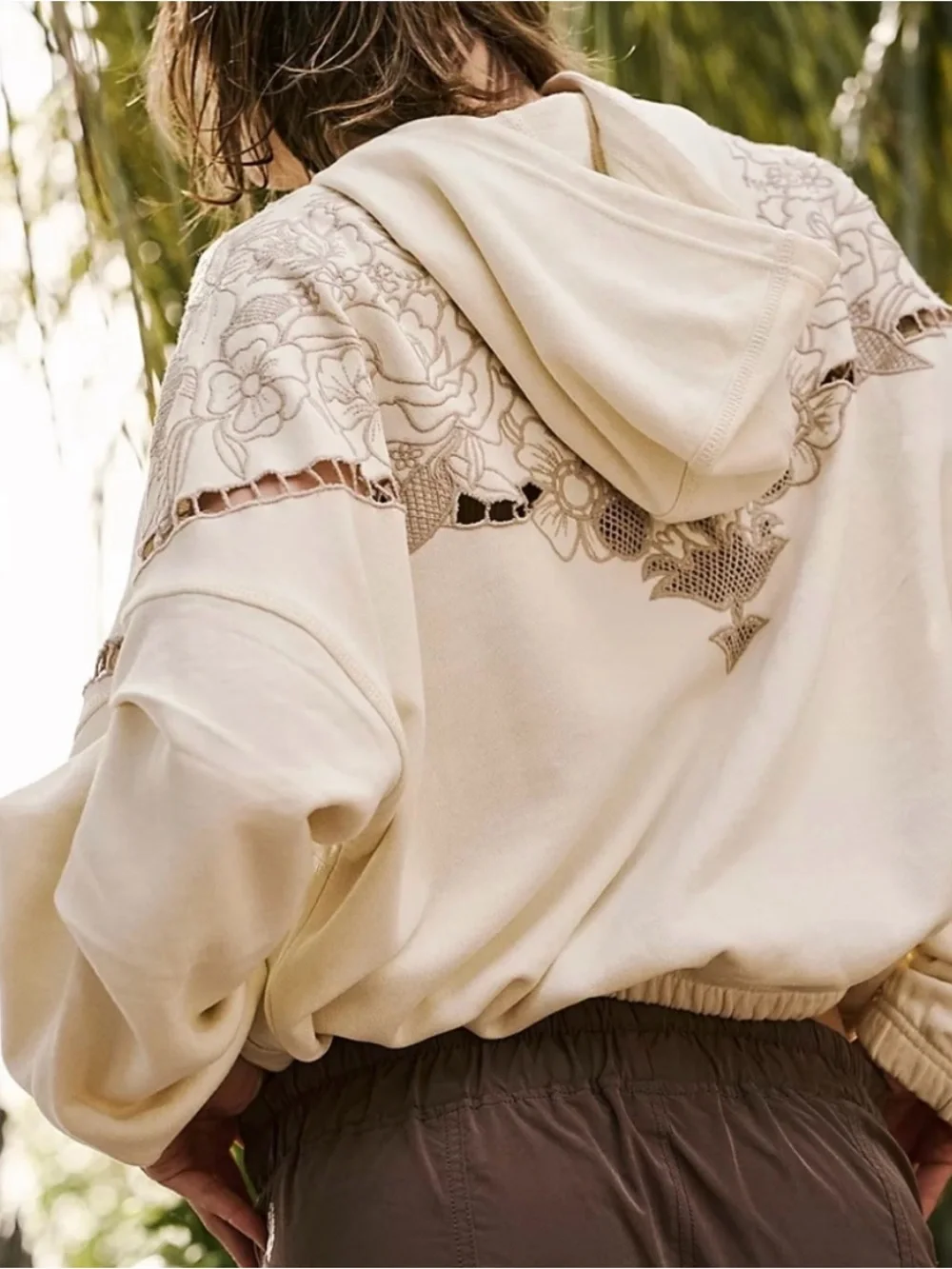 Free People Movement Logo Fast Lane Cream Floral Embroidered Half-Zip Sweatshirt